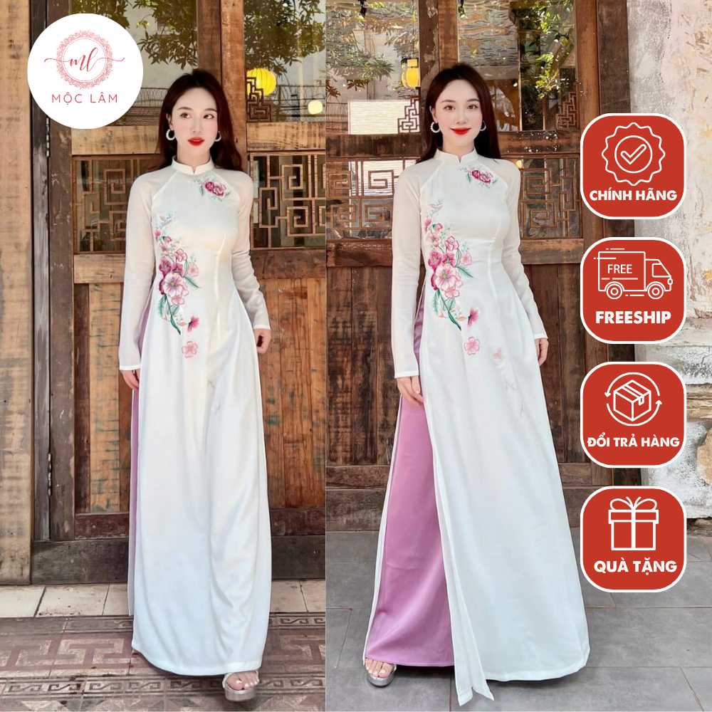 Áo dài lụa thêu chất liệu cao cấp -  Áo dài Mộc Lâm - AD13