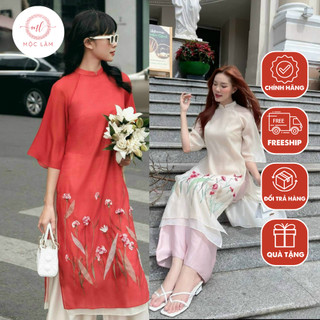 Áo dài cách tân dáng suông đính kết chất liệu tơ organza cao cấp -  Áo dài Mộc Lâm - AD18