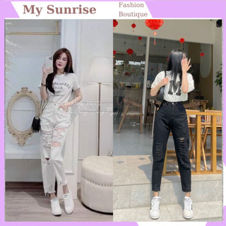 Quần jeans nữ baggy rách cạp cao, quần bò rách thời trang 2 màu đen trắng
