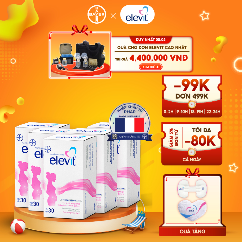 Bộ 5 Hộp Vitamin Bầu Tổng Hợp Elevit Cho Phụ Nữ Trước, Trong và Sau Thai Kỳ (30 Viên/ Hộp)