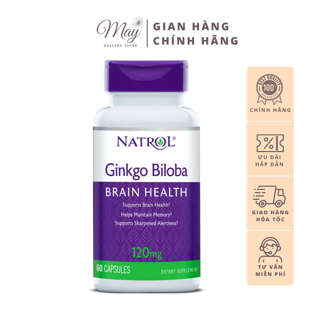 Viên Uống Natrol Ginkgo Biloba Brain Health 120mg Bổ Não, Hỗ Trợ Tăng Tuần Hoàn Não, Cải Thiện Trí Nhớ (60 Viên/Lọ)