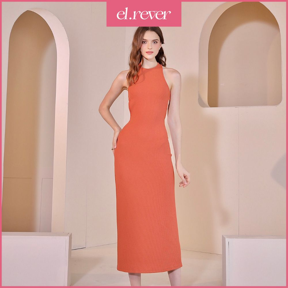 ELRÊVER - Đầm body yếm midi dài khoét lưng - Cam gạch - 0223D07