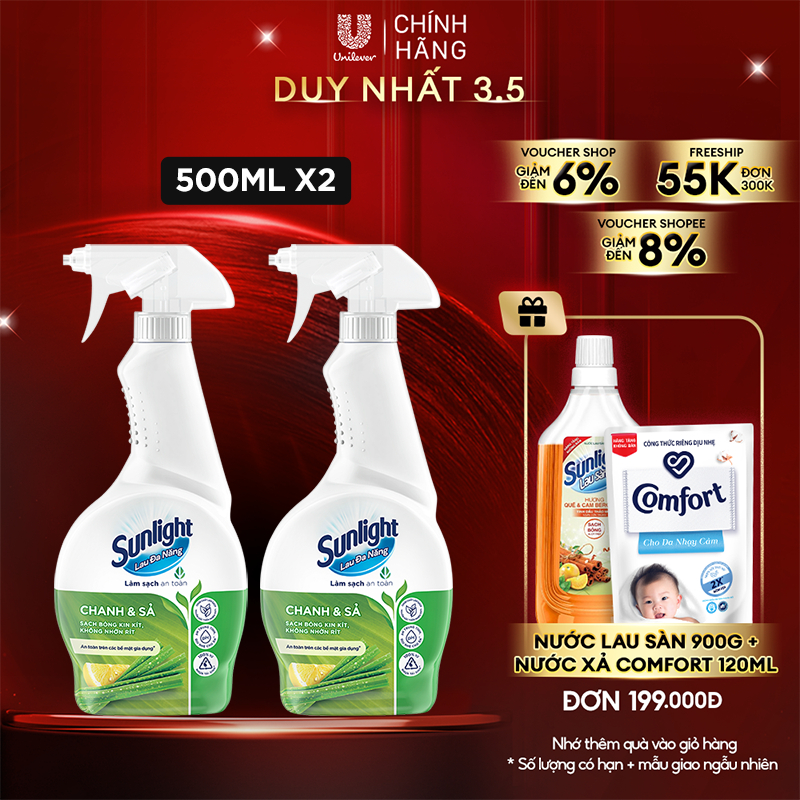 Combo 2 Nước lau đa năng Sunlight Chanh & Sả|Phiên bản nâng cấp từ Cif|Sạch bóng kin kít, không nhờn rít|Chai 500ml
