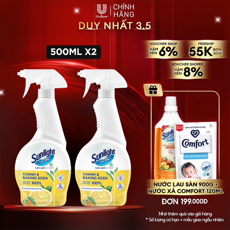 Combo 2 Nước lau bếp Sunlight Chanh & Baking soda|Phiên bản nâng cấp từ Cif|Đánh bay 100% dầu mỡ|Chai 500ml