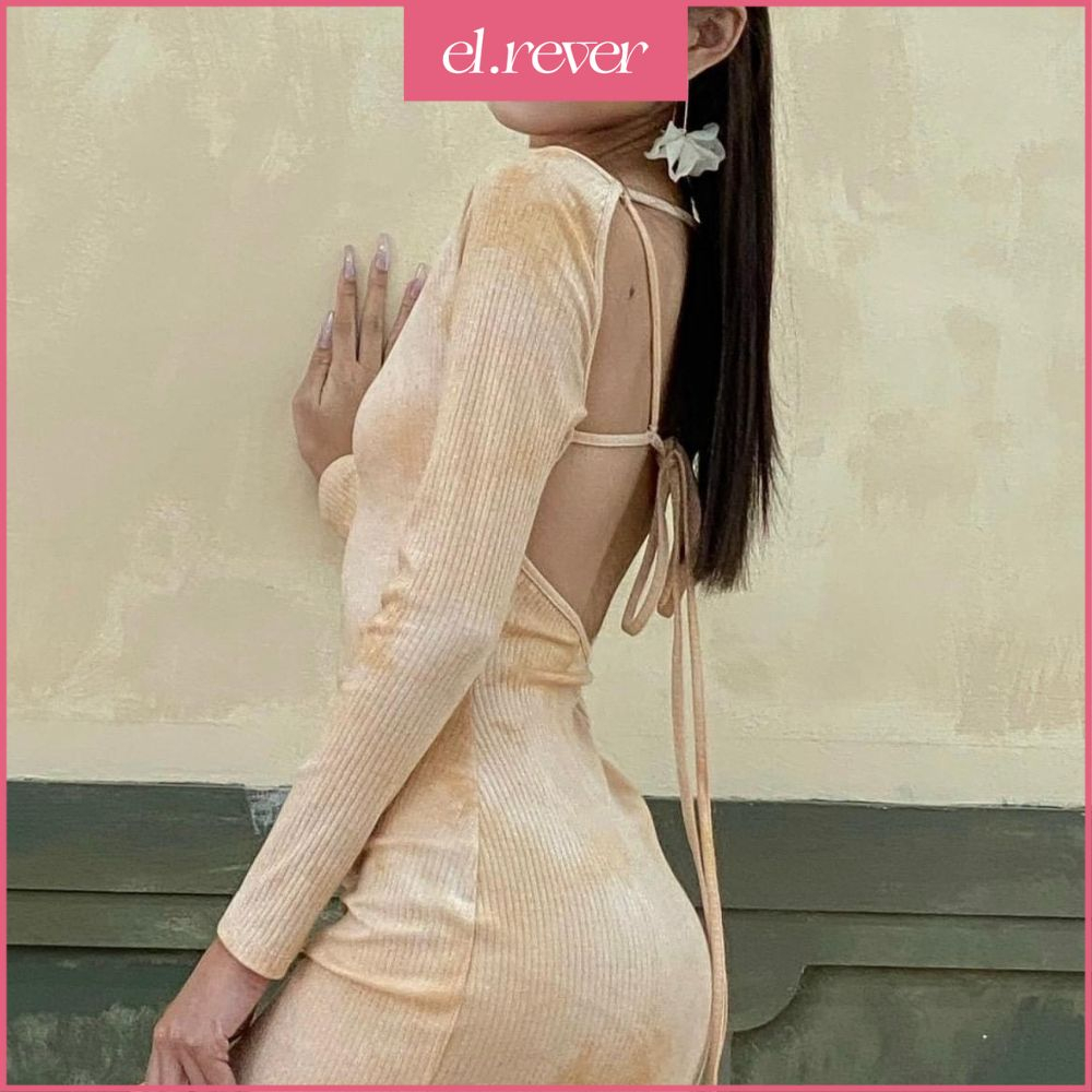 ELRÊVER - Đầm body nữ dài tay cut out lưng trendy - Màu cam loang - 0522D03