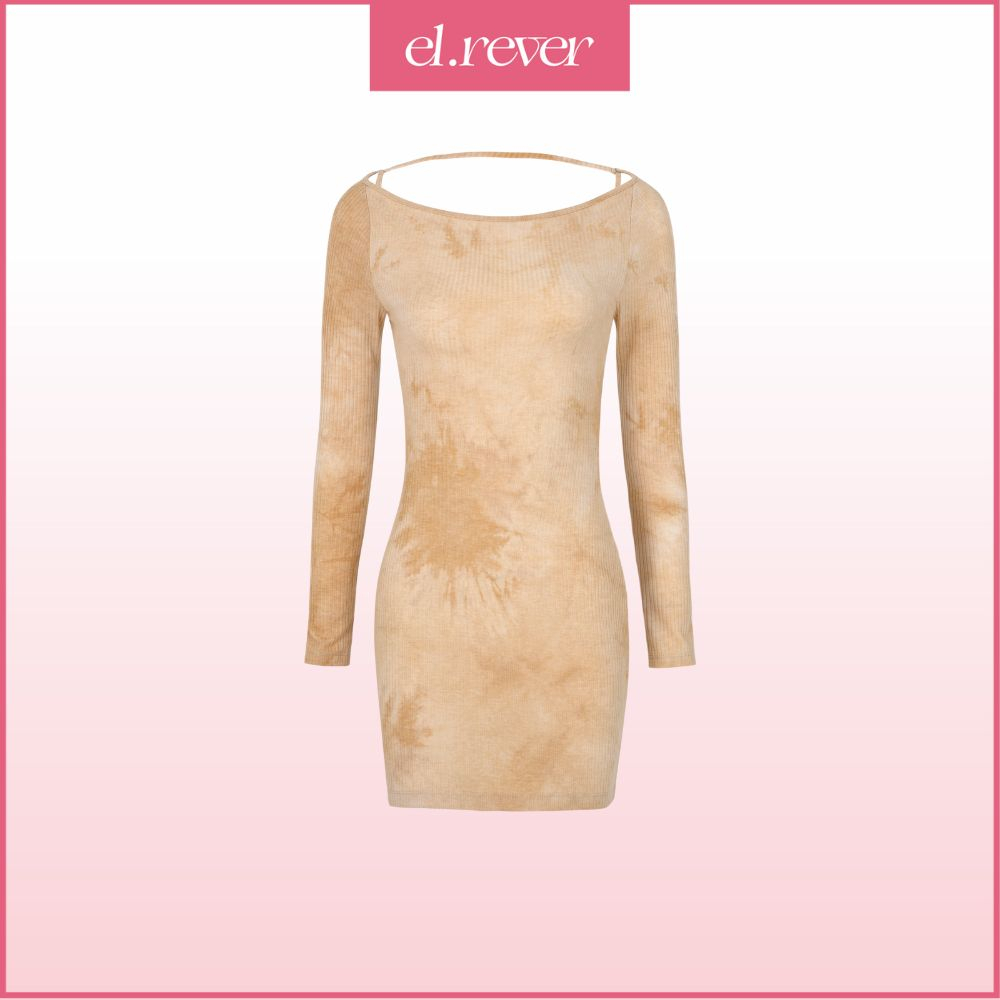 ELRÊVER - Đầm body nữ dài tay cut out lưng trendy - Màu cam loang - 0522D03