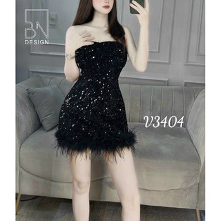 Đầm body quây kim sa viền lông vũ