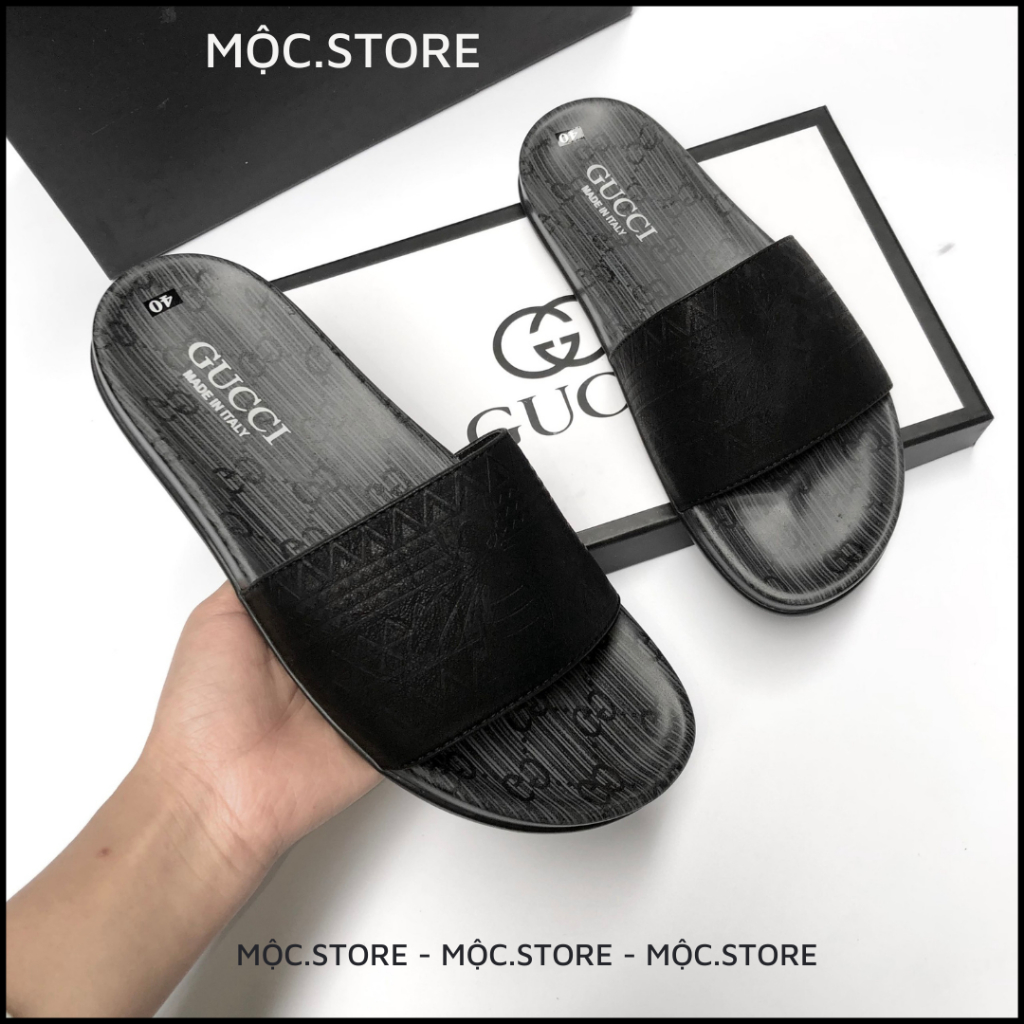 Dép Gucci Quai Ngang Da Bò Cao Cấp Khắc Lazer, Dép Da Nam Quai Ngag Gucci siêu Hot dễ phối đồ,Có BH, 2 màu Xám Đen