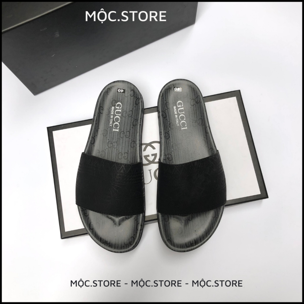 Dép Gucci Quai Ngang Da Bò Cao Cấp Khắc Lazer, Dép Da Nam Quai Ngag Gucci siêu Hot dễ phối đồ,Có BH, 2 màu Xám Đen