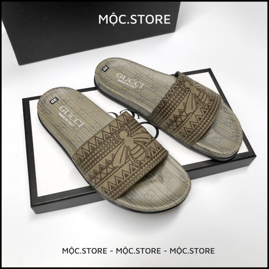 Dép Gucci Quai Ngang Da Bò Cao Cấp Khắc Lazer, Dép Da Nam Quai Ngag Gucci siêu Hot dễ phối đồ,Có BH, 2 màu Xám Đen