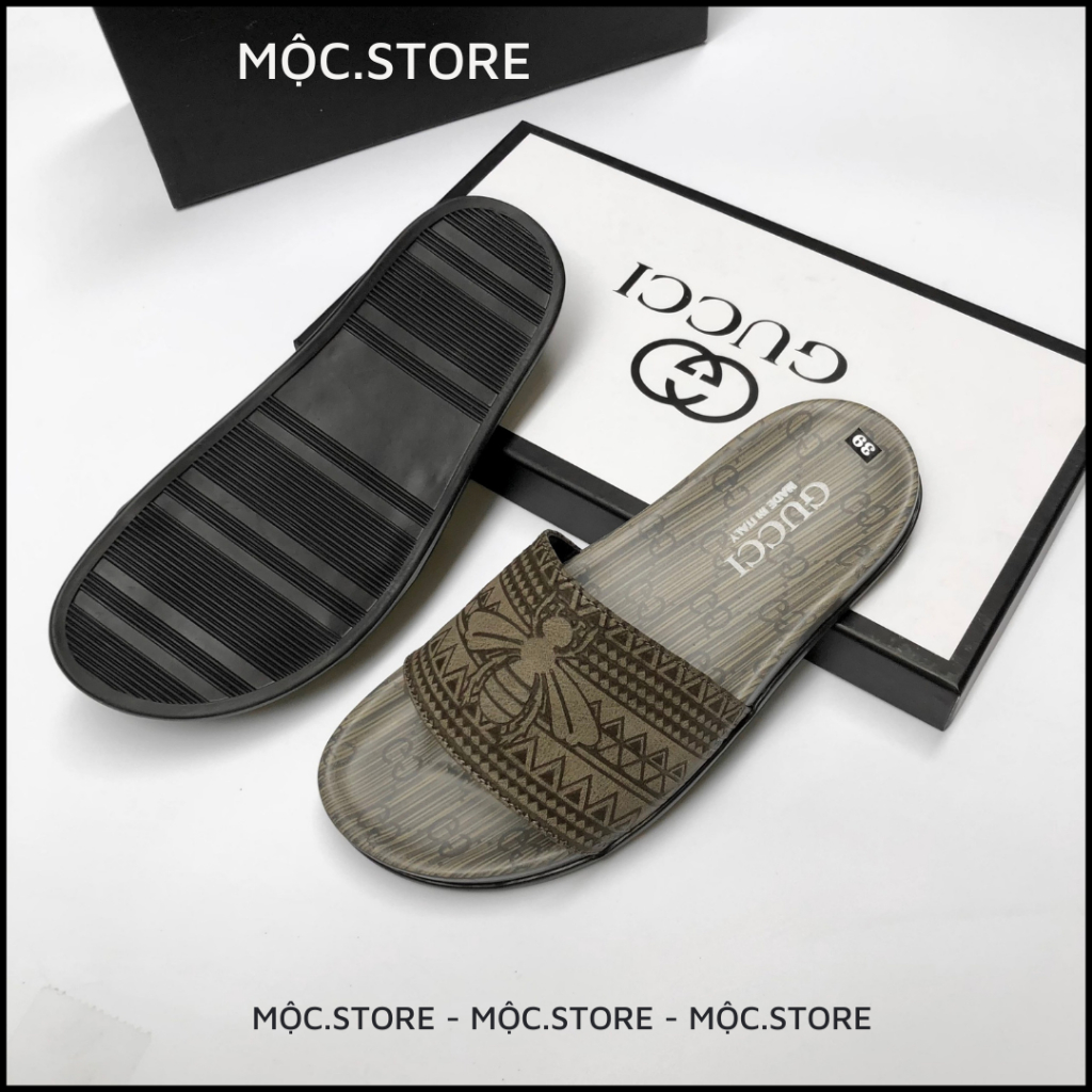 Dép Gucci Quai Ngang Da Bò Cao Cấp Khắc Lazer, Dép Da Nam Quai Ngag Gucci siêu Hot dễ phối đồ,Có BH, 2 màu Xám Đen