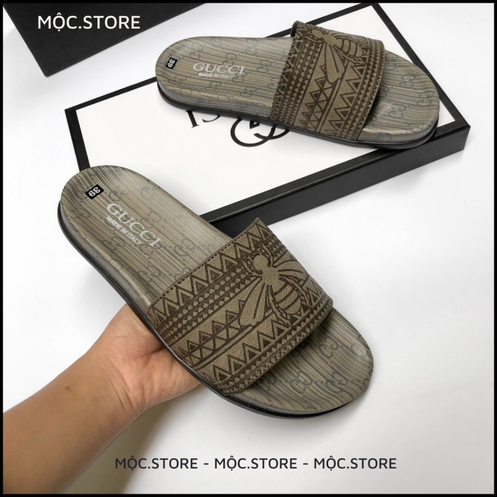 Dép Gucci Quai Ngang Da Bò Cao Cấp Khắc Lazer, Dép Da Nam Quai Ngag Gucci siêu Hot dễ phối đồ,Có BH, 2 màu Xám Đen