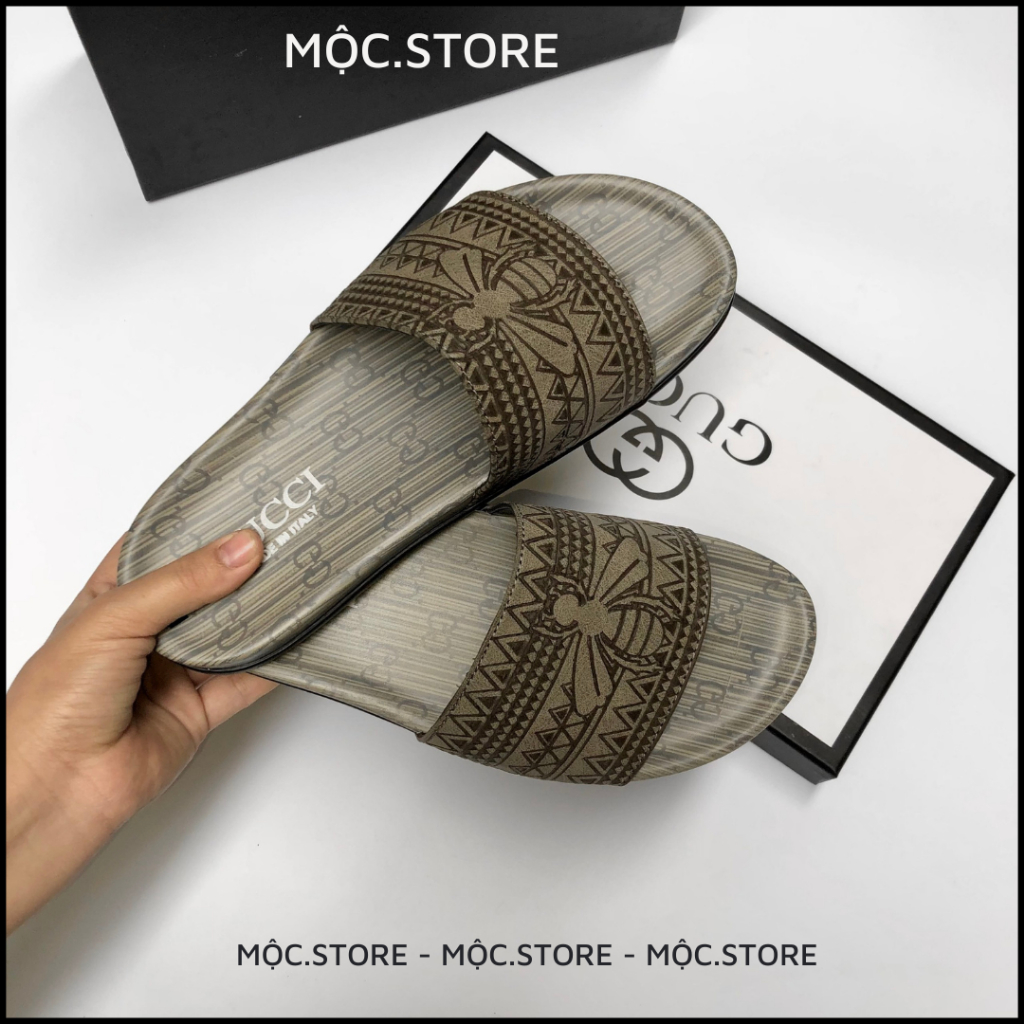 Dép Gucci Quai Ngang Da Bò Cao Cấp Khắc Lazer, Dép Da Nam Quai Ngag Gucci siêu Hot dễ phối đồ,Có BH, 2 màu Xám Đen