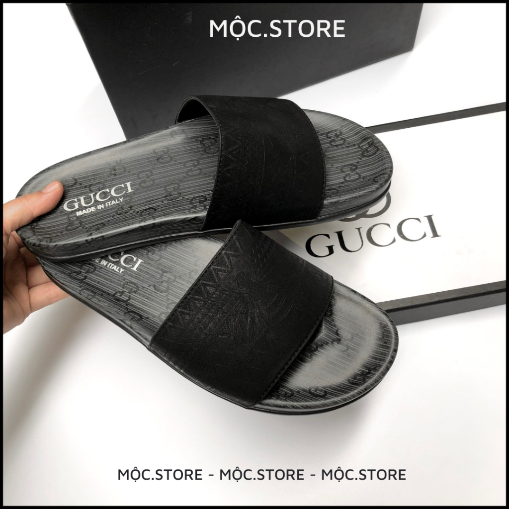 Dép Gucci Quai Ngang Da Bò Cao Cấp Khắc Lazer, Dép Da Nam Quai Ngag Gucci siêu Hot dễ phối đồ,Có BH, 2 màu Xám Đen