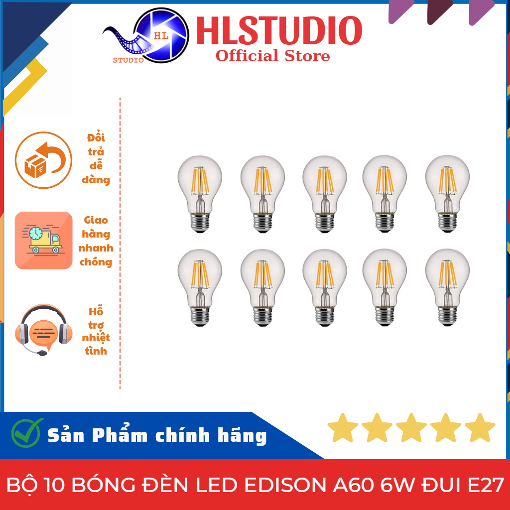 Bộ 10 bóng đèn Led Edison A60 6W đui E27 HL Studio