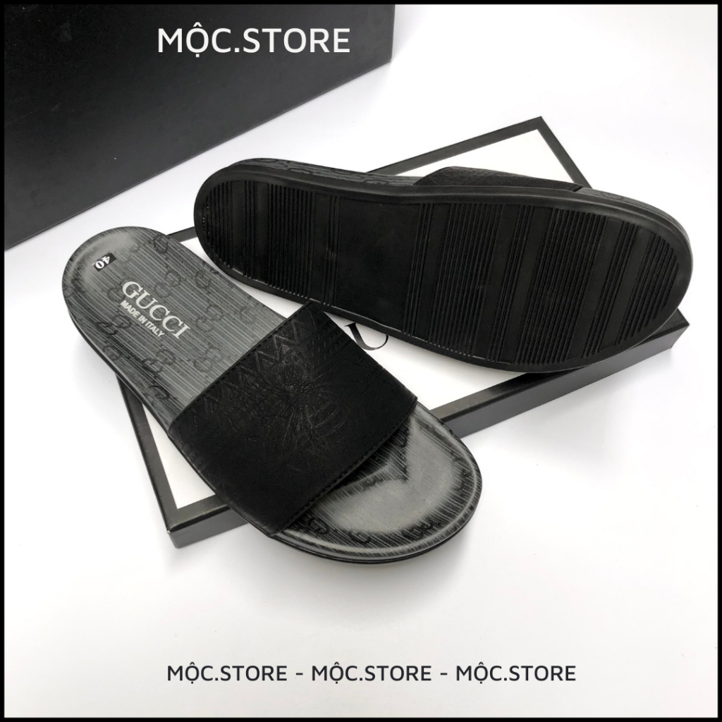 Dép Gucci Quai Ngang Da Bò Cao Cấp Khắc Lazer, Dép Da Nam Quai Ngag Gucci siêu Hot dễ phối đồ,Có BH, 2 màu Đen Xám