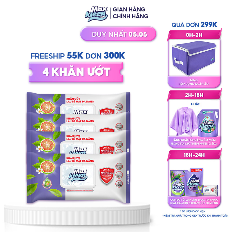Combo 4 Khăn Ướt Lau Bề Mặt Đa Năng MaxKleen (30 miếng/bịch)
