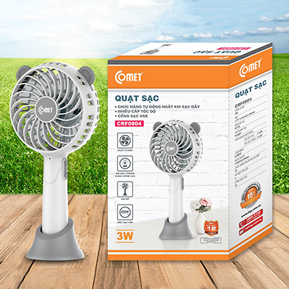 Quạt Sạc cầm tay Comet CRF0804, mô tơ không chổi than yên tĩnh, không nóng máy, pin sài lâu
