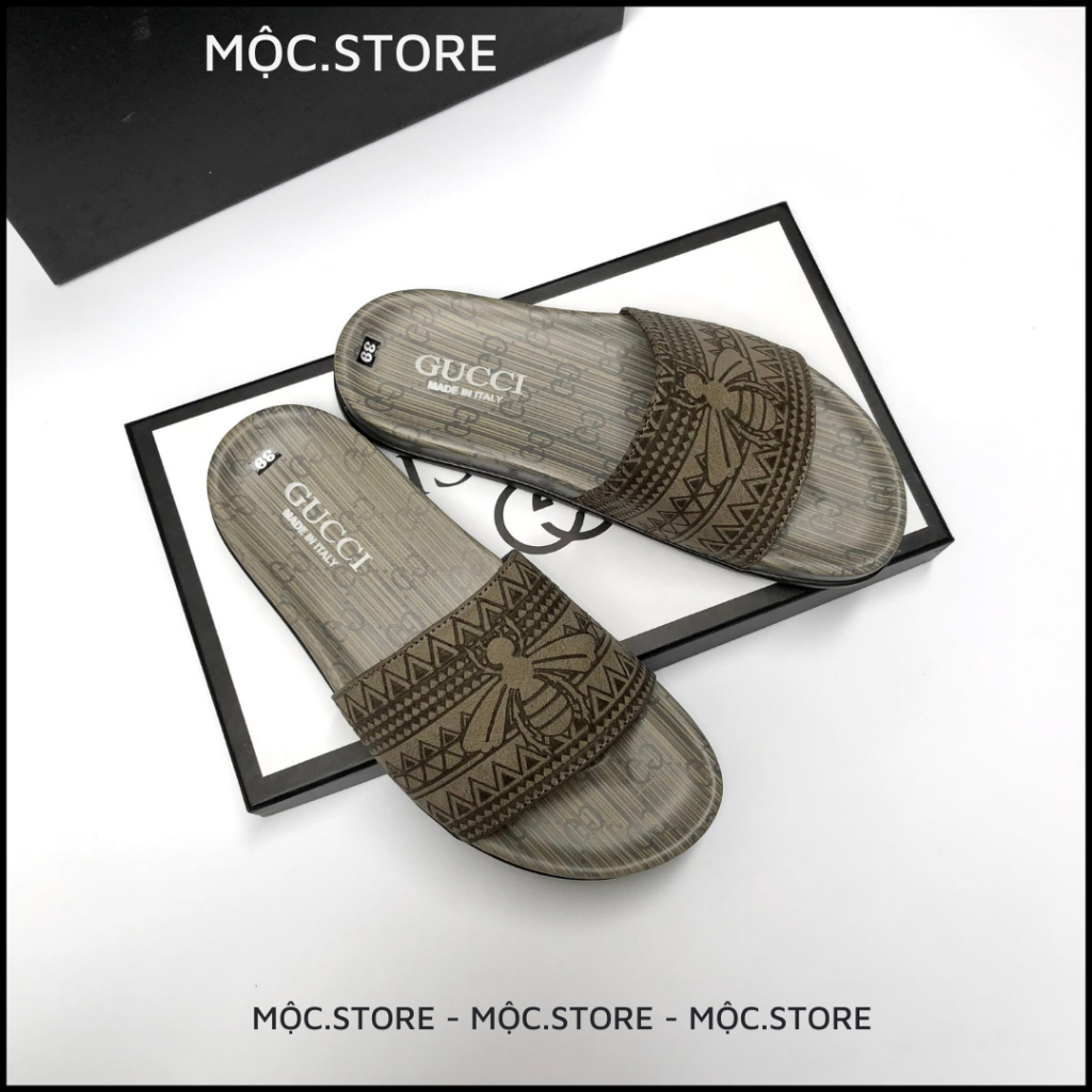 Dép Gucci Quai Ngang Da Bò Cao Cấp Khắc Lazer, Dép Da Nam Quai Ngag Gucci siêu Hot dễ phối đồ,Có BH, 2 màu Đen Xám