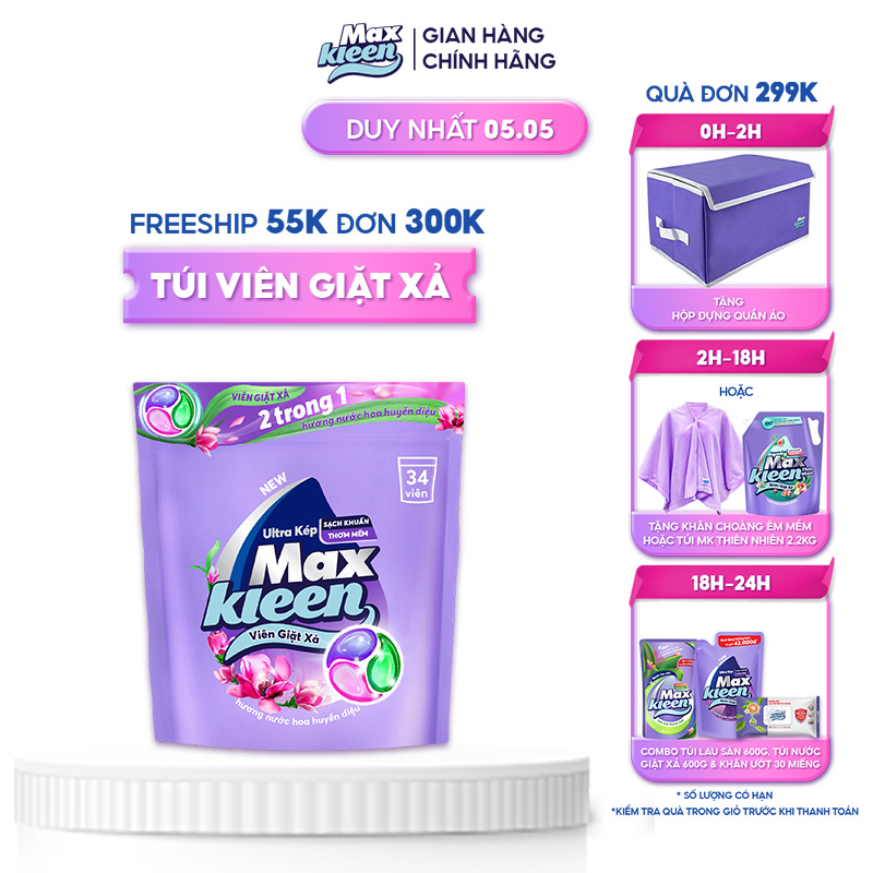Viên Giặt Xả MaxKleen 2 Trong 1 Hương Nước Hoa Huyền Diệu (34 viên/túi)