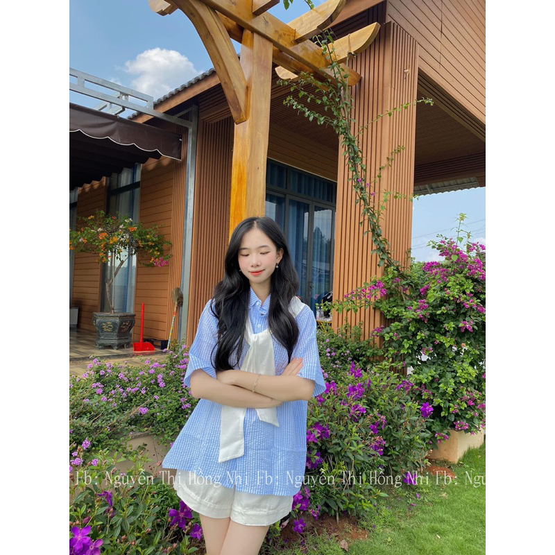 Áo sơ mi kẻ sọc tay lỡ kèm khăn rời