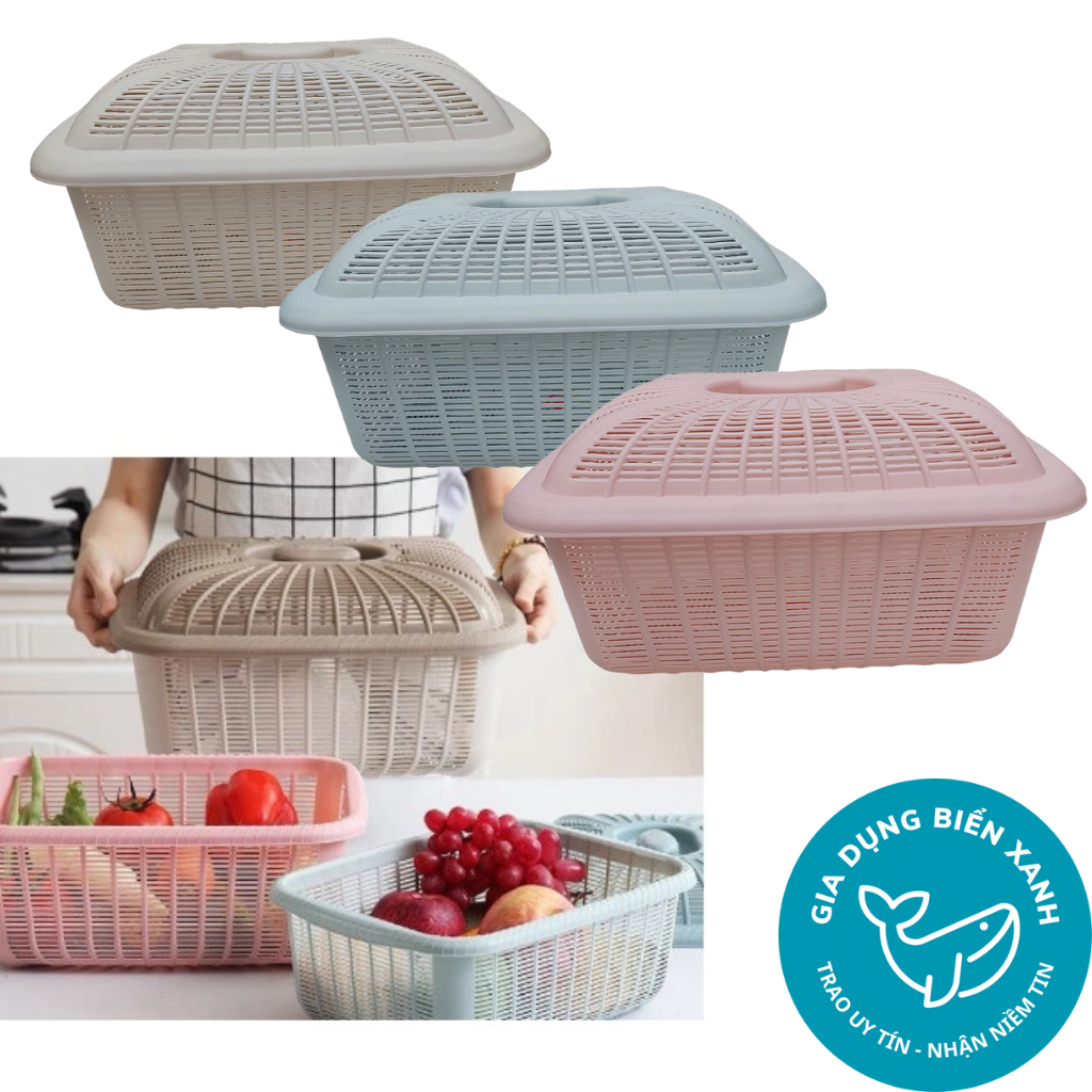 Rổ nhựa có nắp đậy đựng đồ ăn size (30 x 23 x 14)cm Việt Nhật - Sọt rổ lồng bàn đựng thức ăn