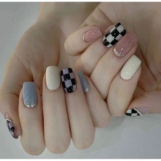 Nail box sơn gel màu xanh, trắng , hồng,vẽ caro, tráng gương