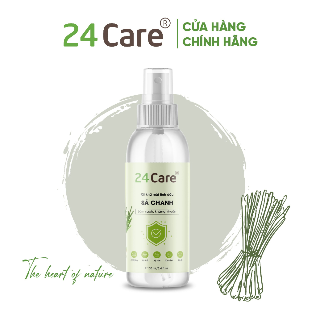 Xịt phòng hữu cơ 100ml 24Care tinh dầu Sả Chanh/ Bạc Hà/ Quế/ Lavender/ Bưởi/ Oải hương - khử mùi và đuổi muỗi