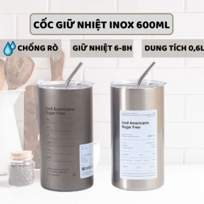 Cốc Giữ Nhiệt, Cốc Uống Nước (2 Màu Trắng và Xám) Iced Americano Inox 304 Có Ống Hút Ly Uống Coffee 600ML Giữ Nhiệt
