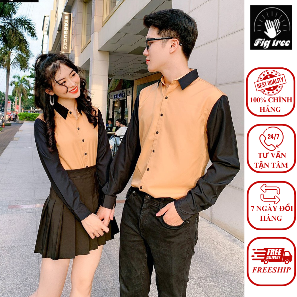 Áo Sơ Mi Cặp Thương Hiệu FIGTREE Màu Vàng Phối Đen Lạ Mắt