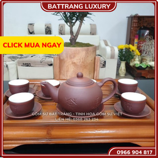 Bộ ấm chén uống trà, bộ ấm chén bát tràng cao cấp - tử sa phúc lộc thọ đỏ