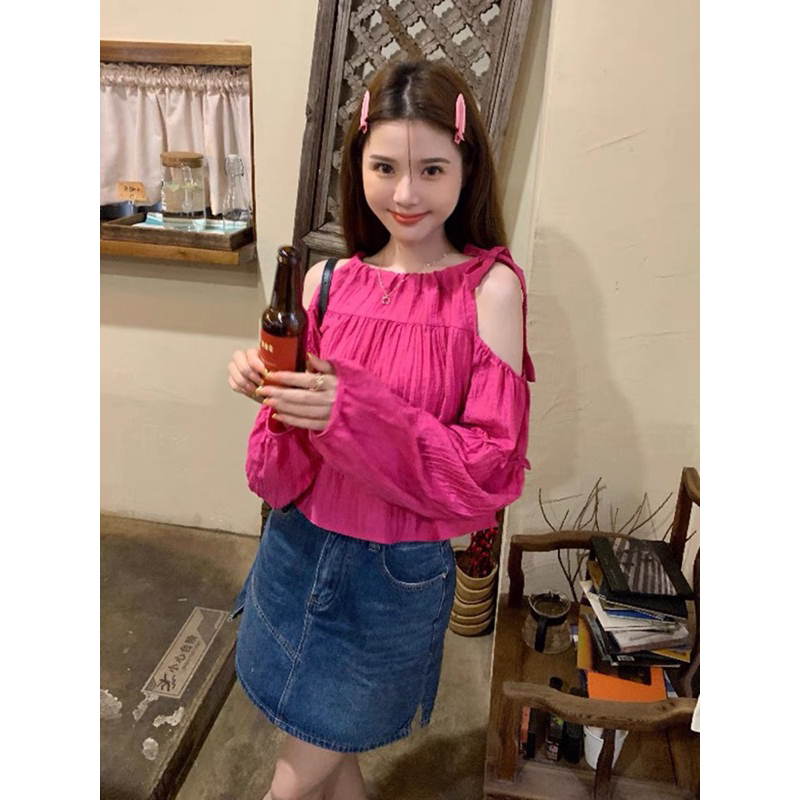 Áo sơ mi khoét vai cột nơ tay phồng phong cách hàn quốc hot trend M32