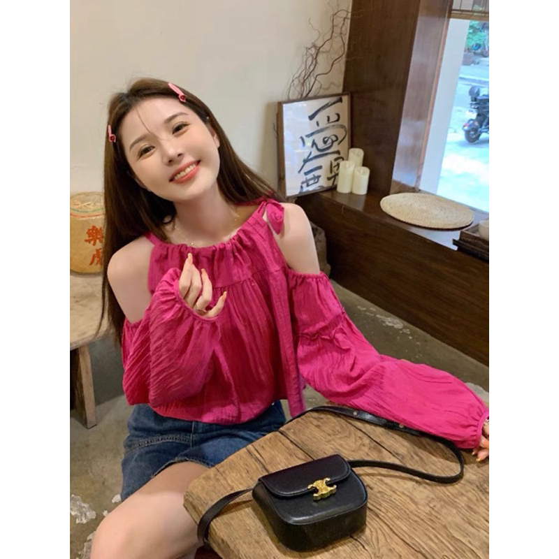 Áo sơ mi khoét vai cột nơ tay phồng phong cách hàn quốc hot trend M32