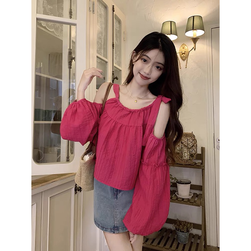 Áo sơ mi khoét vai cột nơ tay phồng phong cách hàn quốc hot trend M32