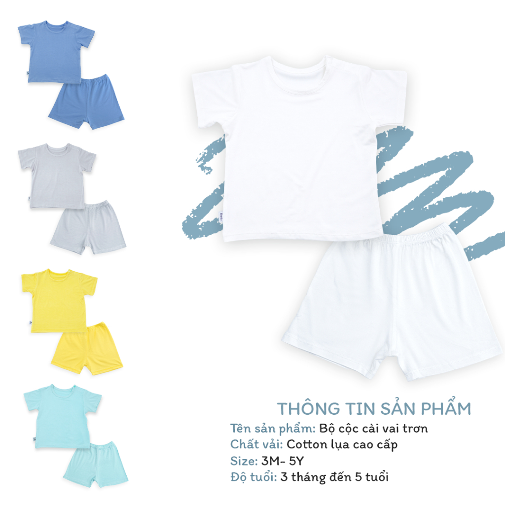 Bộ cộc tay cài vai trơn basic cotton cao cấp BENTY, quần áo trẻ em mềm mịn bé trai, bé gái