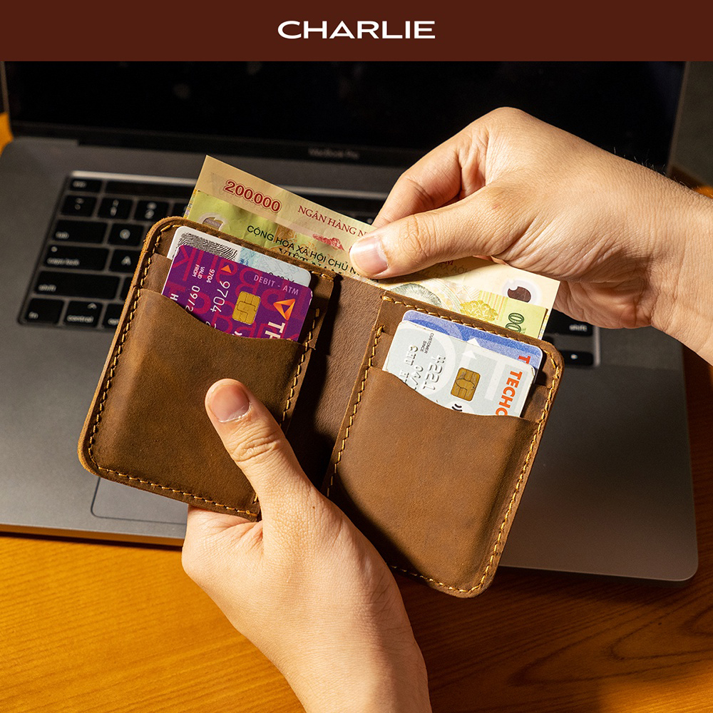 Ví Nam Da Bò Sáp Dáng Đứng Thương Hiệu Charlie Leather Goods
