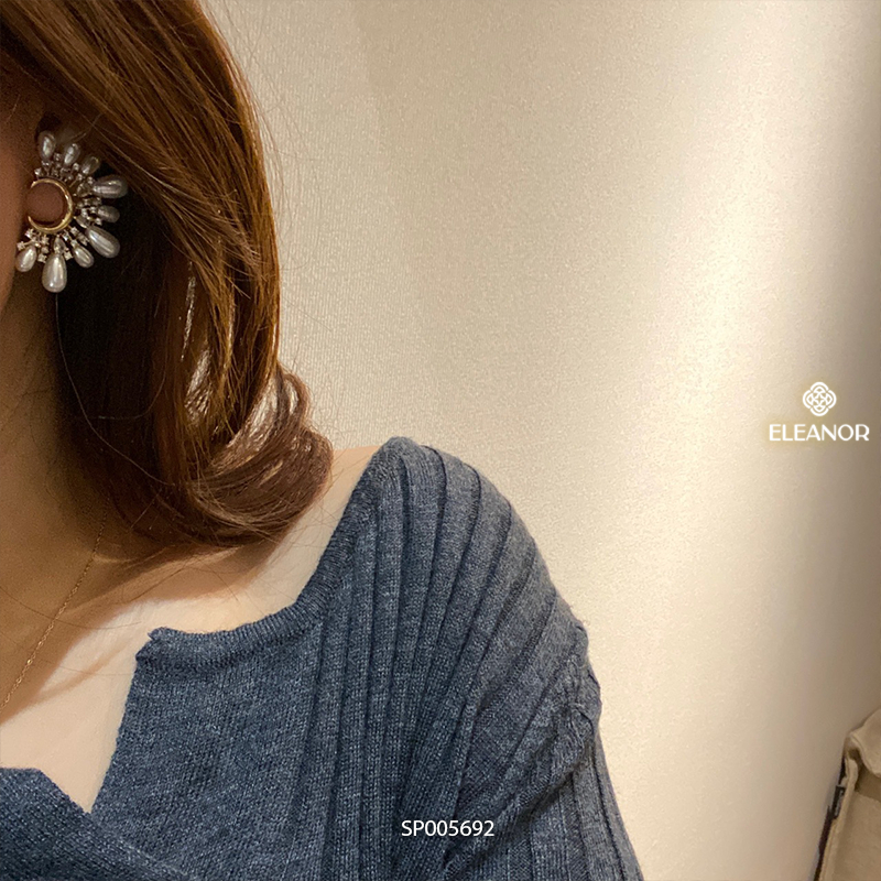 Bông tai nữ chuôi bạc 925 Eleanor Accessories dáng chữ C bản to đính đá ngọc trai nhân tạo phụ kiện trang sức 5692
