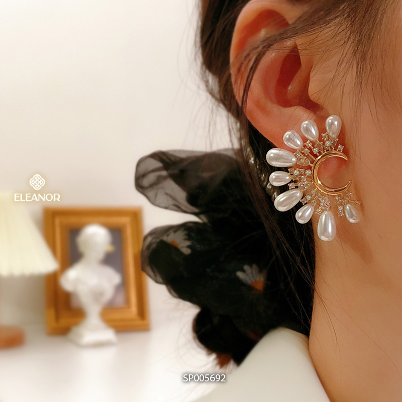 Bông tai nữ chuôi bạc 925 Eleanor Accessories dáng chữ C bản to đính đá ngọc trai nhân tạo phụ kiện trang sức 5692