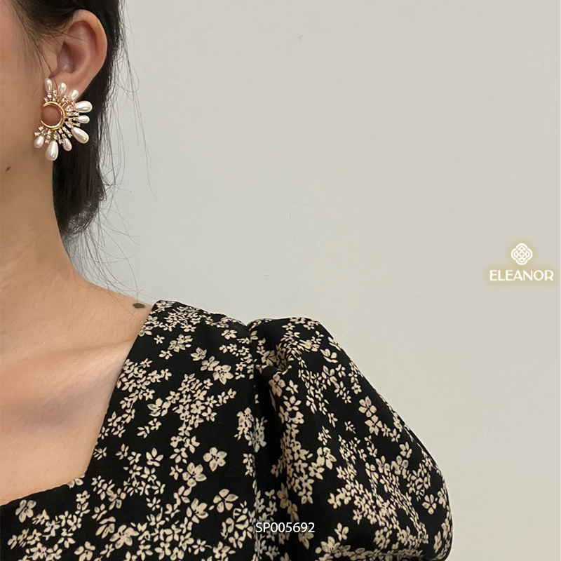 Bông tai nữ chuôi bạc 925 Eleanor Accessories dáng chữ C bản to đính đá ngọc trai nhân tạo phụ kiện trang sức 5692