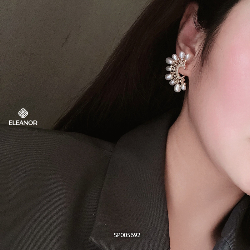 Bông tai nữ chuôi bạc 925 Eleanor Accessories dáng chữ C bản to đính đá ngọc trai nhân tạo phụ kiện trang sức 5692