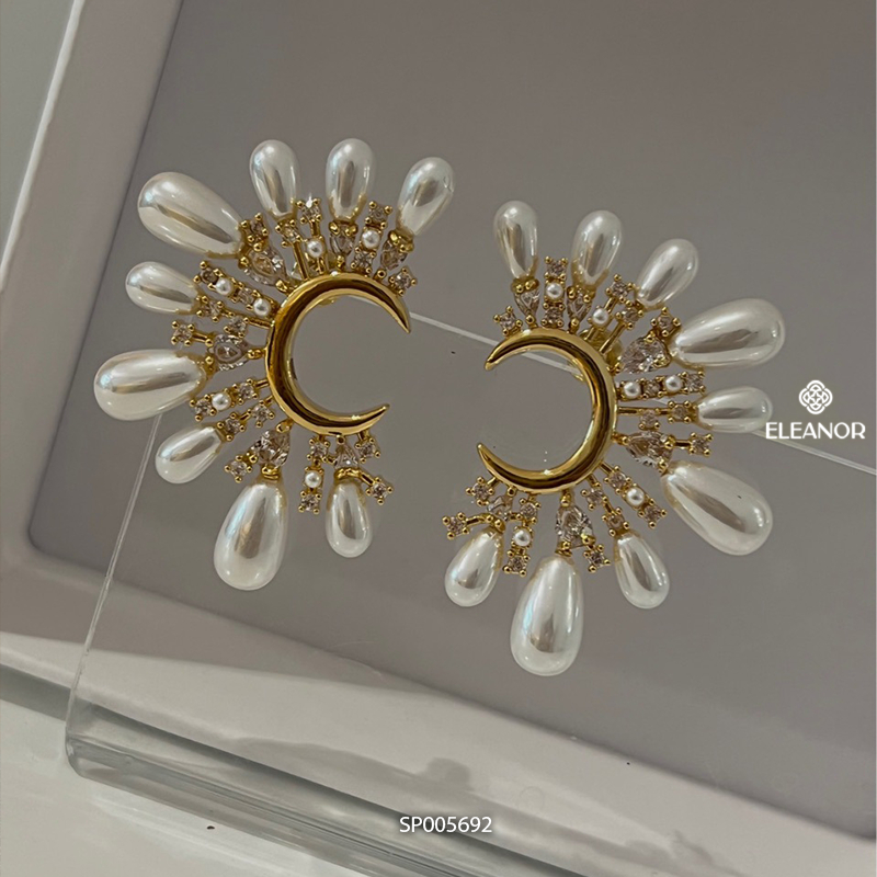 Bông tai nữ chuôi bạc 925 Eleanor Accessories dáng chữ C bản to đính đá ngọc trai nhân tạo phụ kiện trang sức 5692