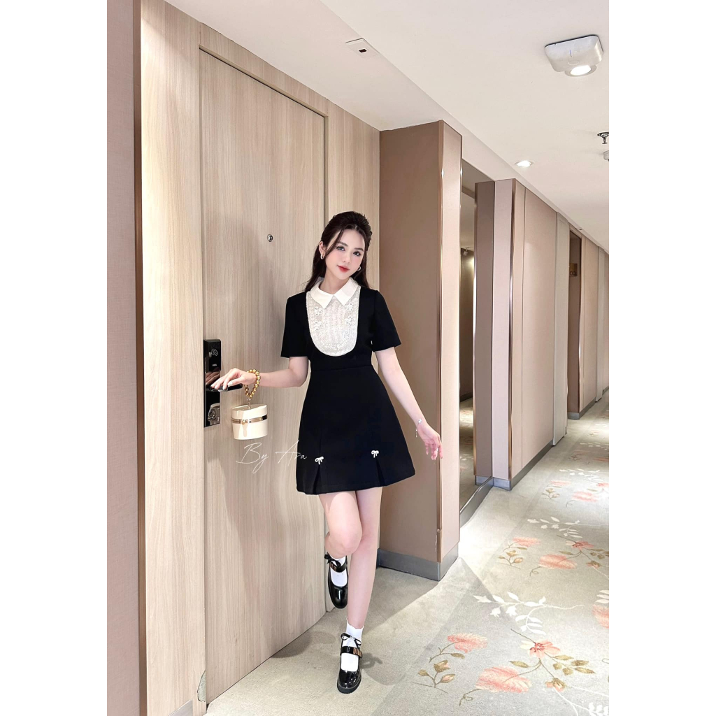 Váy Đầm Xòe A Tiểu Thư Cổ Sơ Mi Phối Ren Cao Cấp Thiết Kế Ara V03