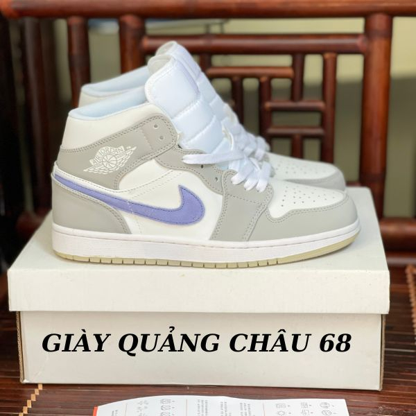 Giày Jordan trắng xám vạch xanh cao cổ , Giầy JD1 xám trắng móc xanh biển hàng quảng châu Full box,bill/giày quảng châu