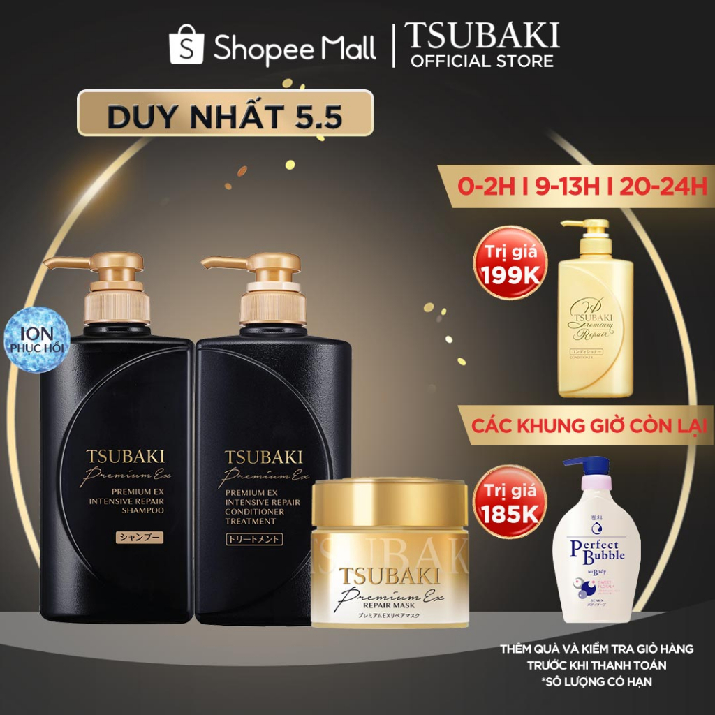 Combo Gội-Xả & Mặt nạ tóc Phục hồi hư tổn nặng & giảm gãy rụng -Tsubaki Premium EX Intensive Repair (490mlx2+180g)