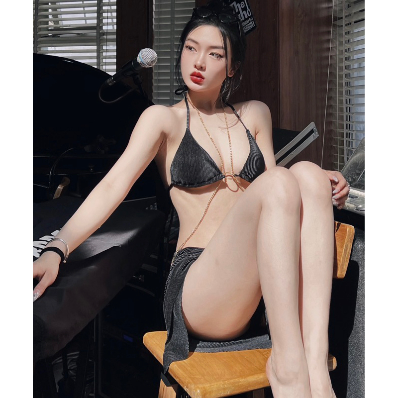 ND1 - <CÓ BIGSIZE> Bikini Cao Cấp Dây Móc Xích Kim Loại Kèm Váy Choàng Vạt Buộc Gợi Cảm