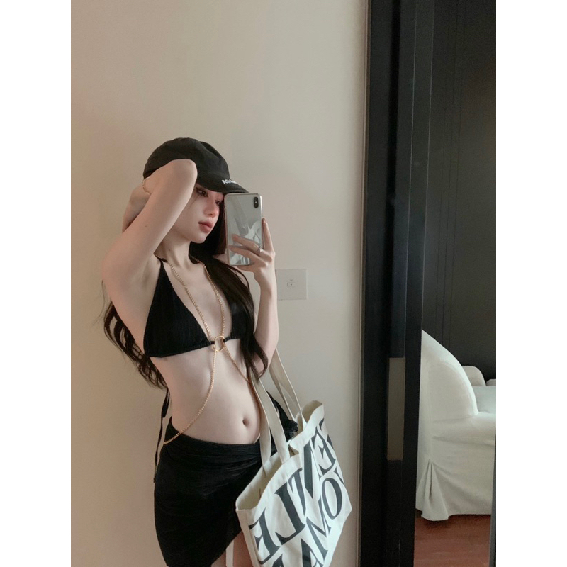 ND1 - <CÓ BIGSIZE> Bikini Cao Cấp Dây Móc Xích Kim Loại Kèm Váy Choàng Vạt Buộc Gợi Cảm