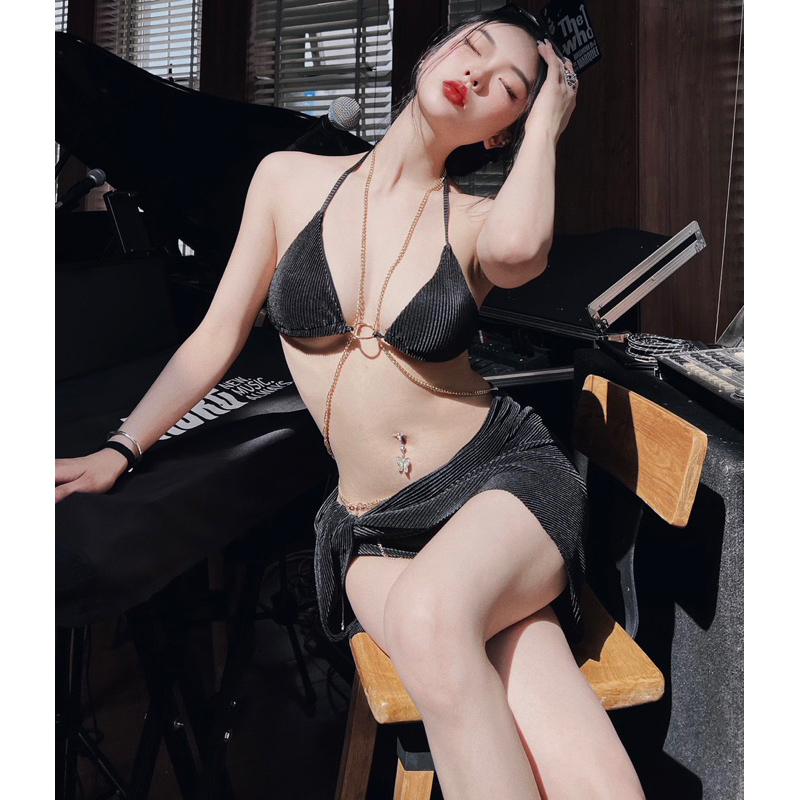 ND1 - <CÓ BIGSIZE> Bikini Cao Cấp Dây Móc Xích Kim Loại Kèm Váy Choàng Vạt Buộc Gợi Cảm