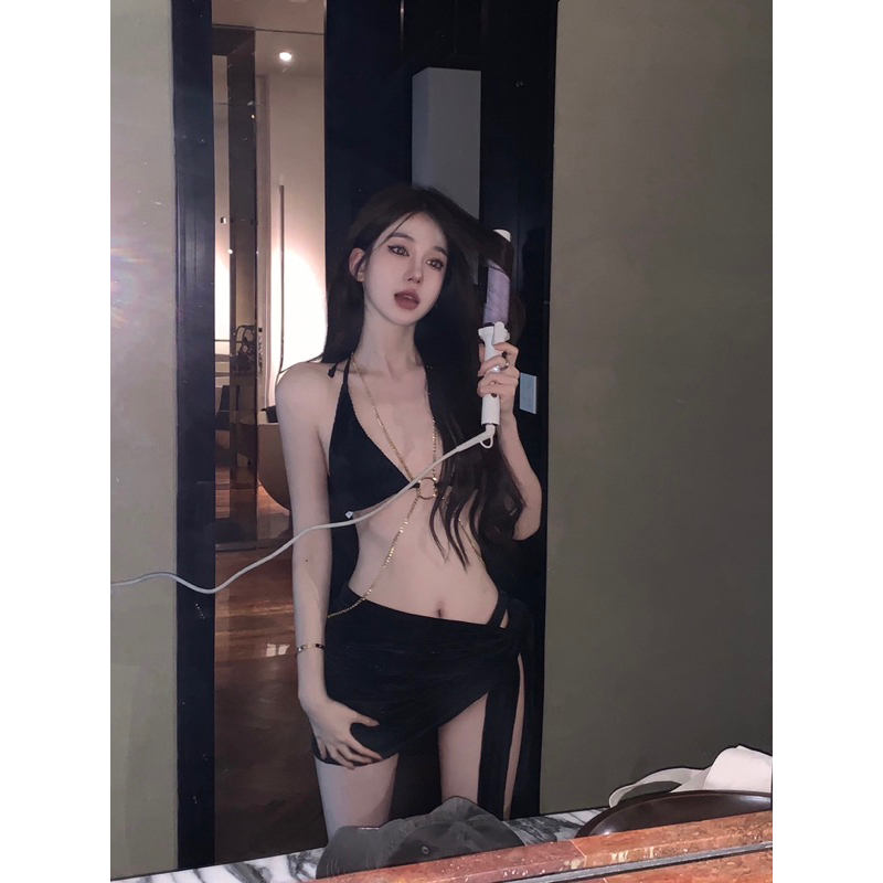 ND1 - <CÓ BIGSIZE> Bikini Cao Cấp Dây Móc Xích Kim Loại Kèm Váy Choàng Vạt Buộc Gợi Cảm