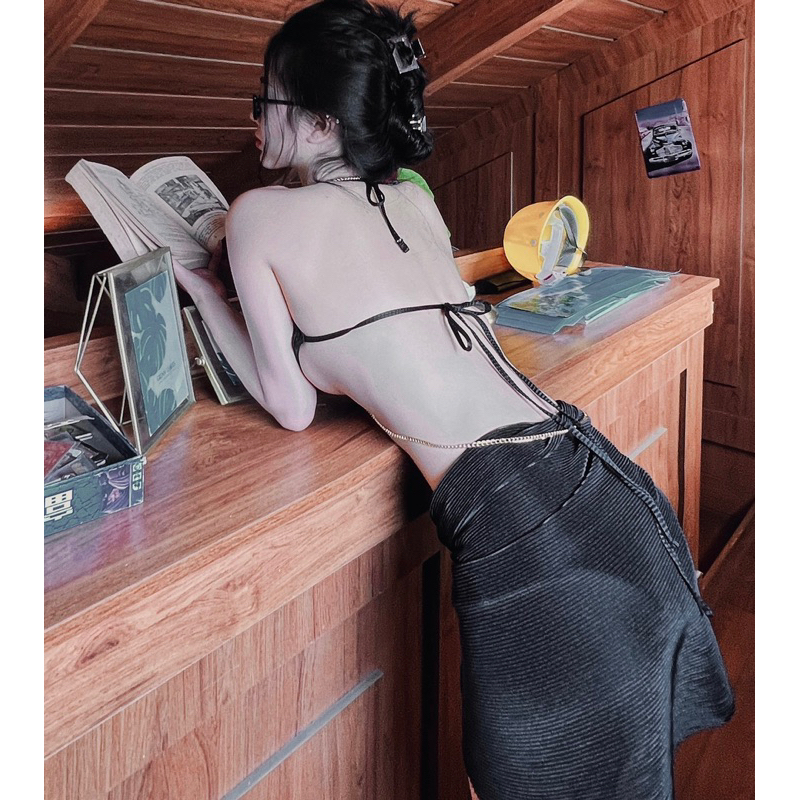 ND1 - <CÓ BIGSIZE> Bikini Cao Cấp Dây Móc Xích Kim Loại Kèm Váy Choàng Vạt Buộc Gợi Cảm