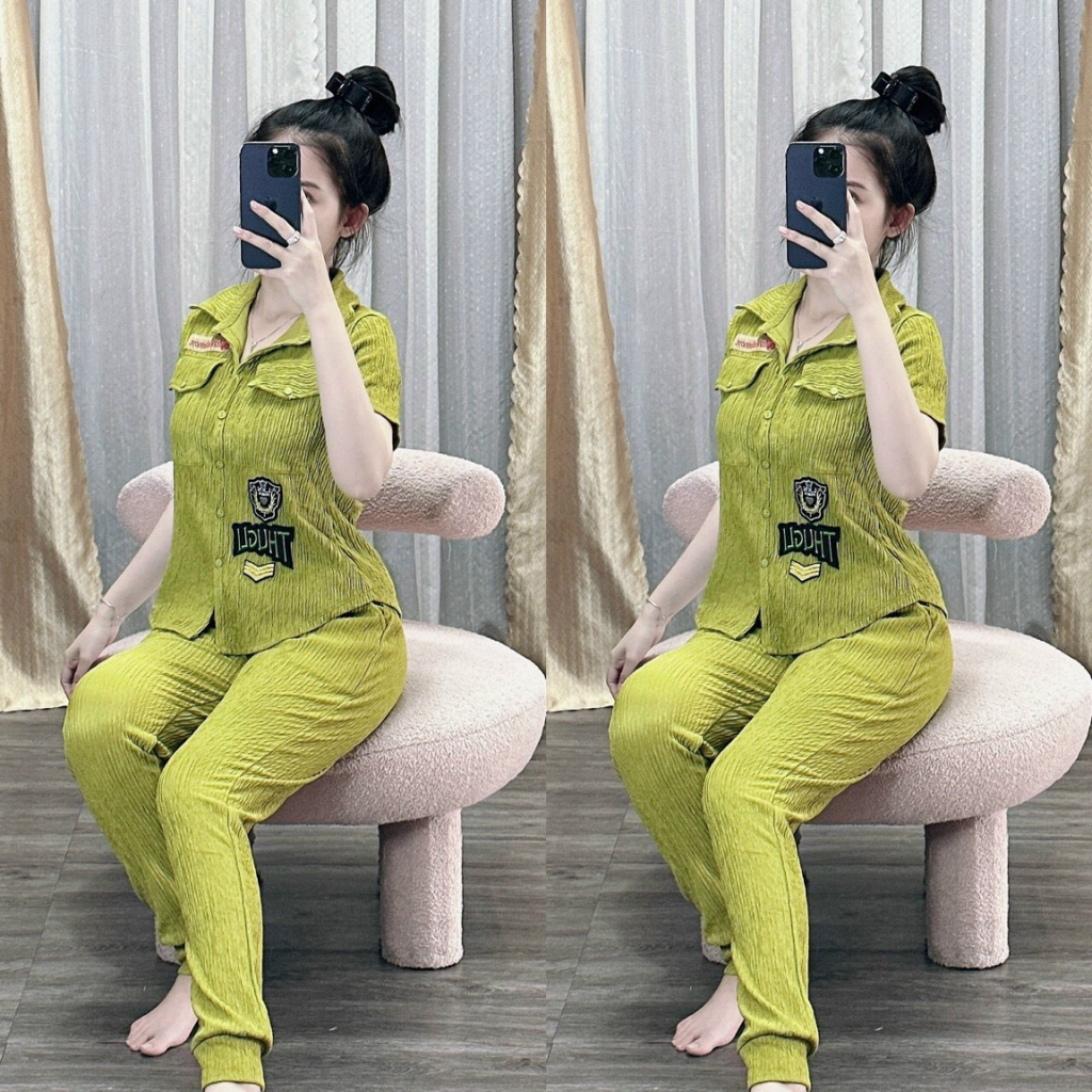 [5,5 Sales Freeship] Set bộ thun xốp siêu hot, set bộ quần dài ống túm phối áo sơ mi tay ngắn in họa tiết trẻ trung TH